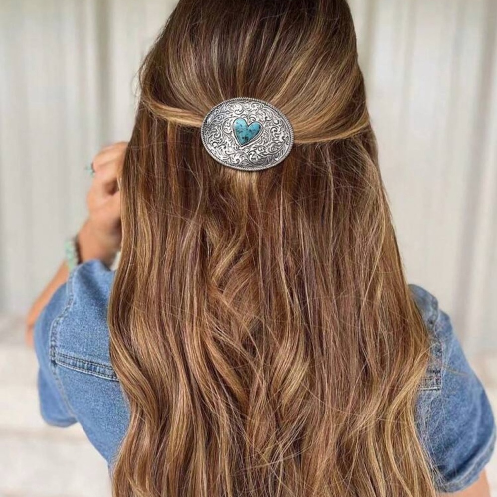 2/$30🌵 Turquoise Stone Heart Oval Metal Barrette Western Rodeo Hair Accessory - Picture 4 of 10